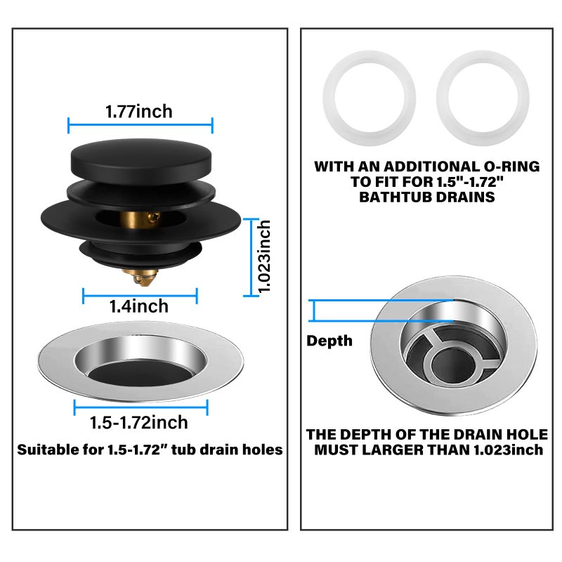 Uxoz Bathtub Drain Stopper  Uxoz Universal Tub Stopper for Replacing Tip Toe/Trip Lever/Lift&Turn Tub Drain  Bath Tub Drain Stoppers Desiged for 1.5"" to1.72 Drain Hole with 3 O-Rings  Matt Black - Image 5